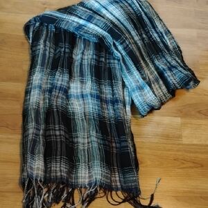 Plaid Fringe Scarf in Blue and Black